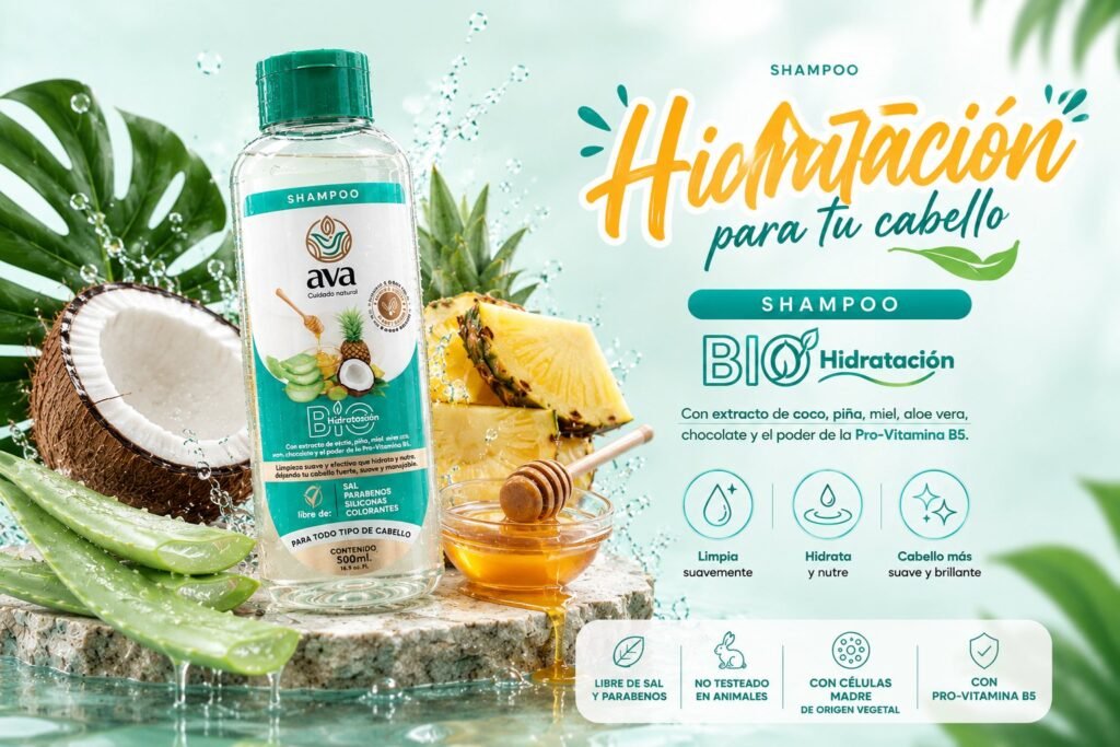 Shampoo Natural Hidratante Ava – Coco, Piña y Aloe Vera
